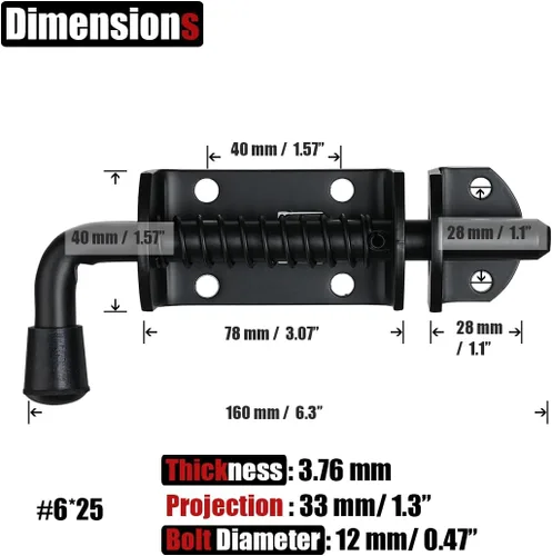 Miniatura 2 de JQK pasador de perno de barril con resorte, pestillo de puerta de acero inoxidable 304 resistente y de alta calidad con espesor de 3 mm, 16 cm Negro