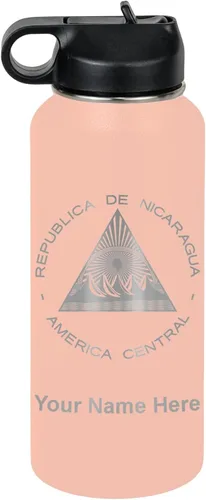 Miniatura 74 de LaserGram Botella de agua personalizada, bandera de Nicaragua, acero inoxidable de doble pared aislada al vacío con popote superior, regalo grabado