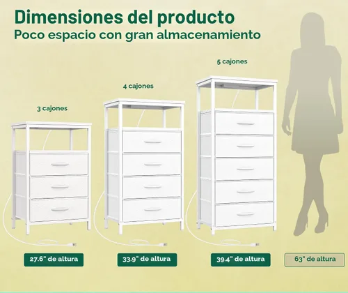 Miniatura 5 de Huuger Cómoda blanca con 5 cajones y estación de carga, cómoda alta para dormitorio, mesita de noche alta con acabado de piel sintética, estante