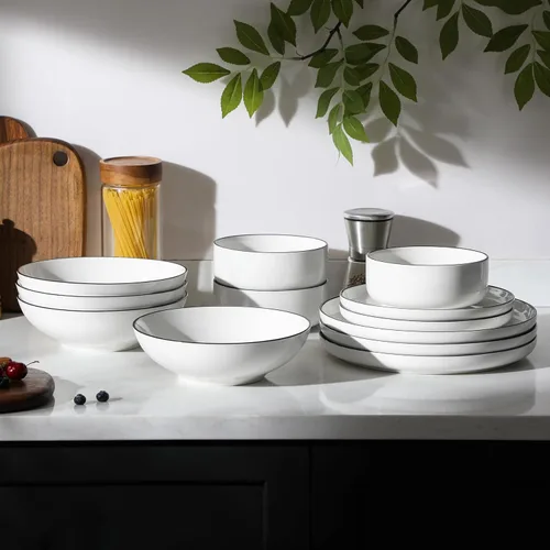 Miniatura 7 de MALACASA Juego de platos y cuencos, juego de vajilla de porcelana moderna de 24 piezas para 6 personas, vajilla de cerámica blanca para cocina