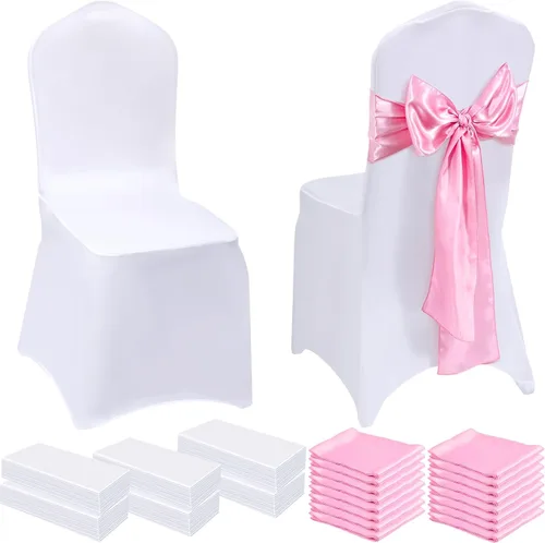 Miniatura 8 de Mepase Juego de 100 fundas blancas para sillas con 50 fundas elásticas de elastano para sillas de 50 sillas, lazos y fajas, funda ajustable blanco