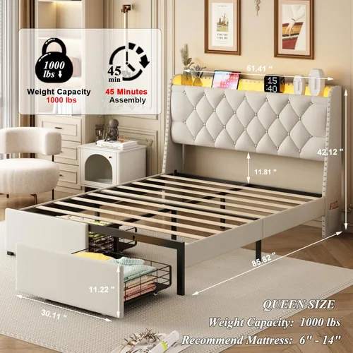 Miniatura 2 de Base de cama tamaño queen con cabecera de almacenamiento y 2 cajones, base de cama tapizada con botones capitoné, luces LED y estación de carga,