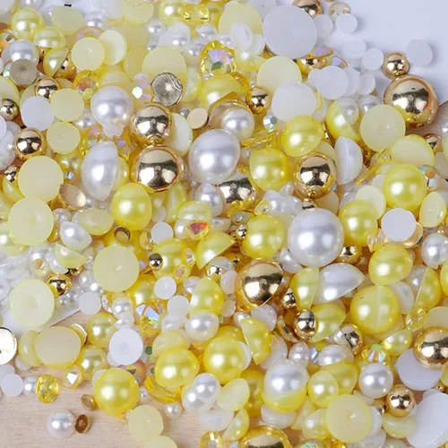 Miniatura 14 de Perlas planas y diamantes de imitación de 2.12 oz, 2200 unidades de diamantes de imitación de resina de color AB de tamaño mixto de 3 a 0.394 in