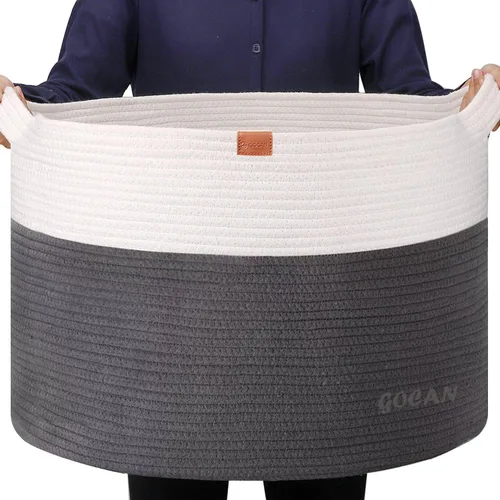 GOCAN Cesta de lavandería extragrande para almacenamiento de juguetes 22"X22"X14" cesta para mantas de cuerda de algodón tejida con asas para sala