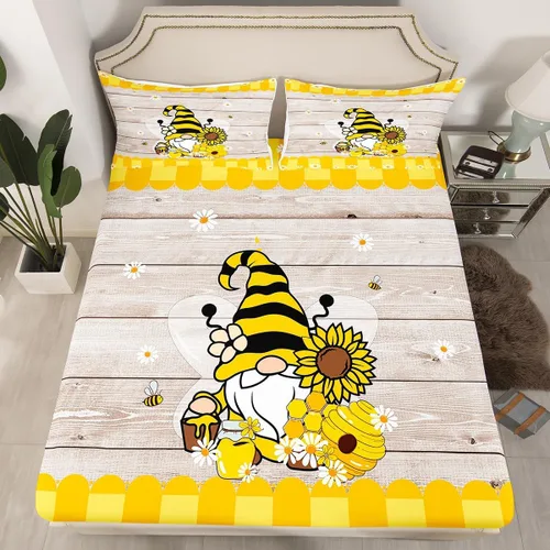 Miniatura 9 de Sábana bajera ajustable de abeja amarilla tamaño individual, sábanas de abeja de dibujos animados kawaii para niños y niñas, juego de ropa de cama