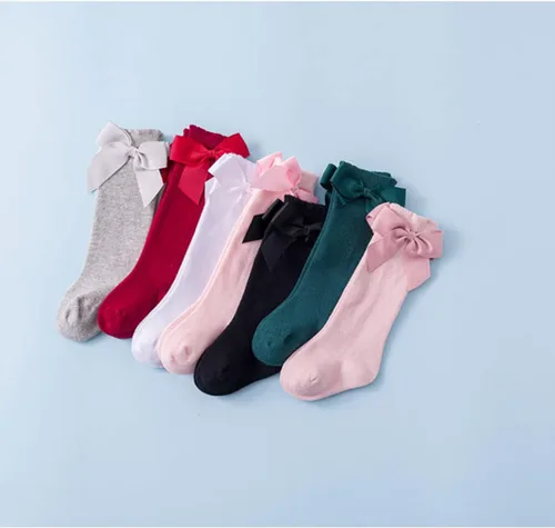 Miniatura 2 de BULINGNA Calcetines de princesa con lazo, color sólido, con volantes, hasta la rodilla, para bebé, para uniforme escolar