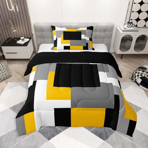 Miniatura 17 de jejeloiu Juego de edredón geométrico para niños, tamaño individual, diseño de rayas de color negro, blanco y gris, juego de ropa de cama decorativo