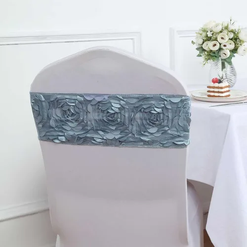 Tableclothsfactory Paquete de 5 bandas de satén azul polvoriento, roseta de elastano, para banquetes de boda, fiesta, banquete, decoración de eventos