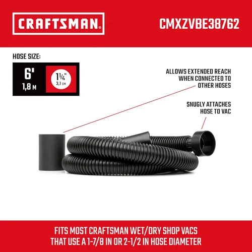 Miniatura 2 de CRAFTSMAN CMXZVBE38762 Kit de fijación de manguera de aspiradora húmeda y seca de 1-1/4 pulgadas x 6 pies, se adapta a la mayoría de aspiradoras