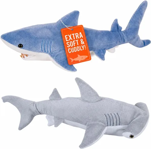 Miniatura 9 de Bedwina Tiburones de peluche – Paquete de 2 juguetes grandes de tiburón Mako de 14 pulgadas y cabeza de martillo de 13 pulgadas, juguetes