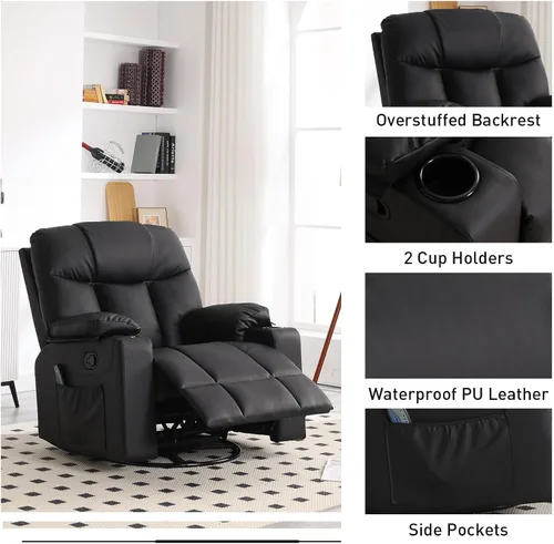 Miniatura 6 de Bonzy Home Sillón reclinable mecedor giratorio de gran tamaño, silla reclinable mecedora de 40 pulgadas con calefacción y masaje, sillón individual