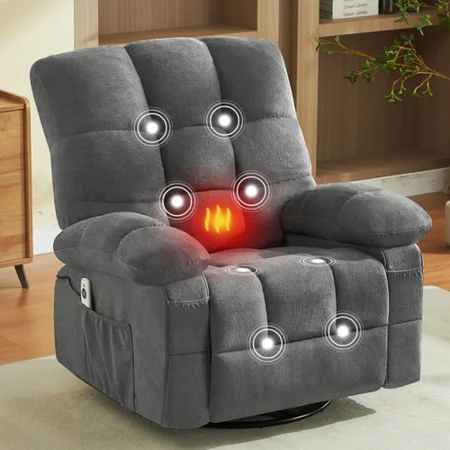 Grey 360° Massage Swivel Recliner Chair with Vibration Massage and Lumbar Heating for Adults, Oversized Rocking Recliner Chair with Side Pocket and