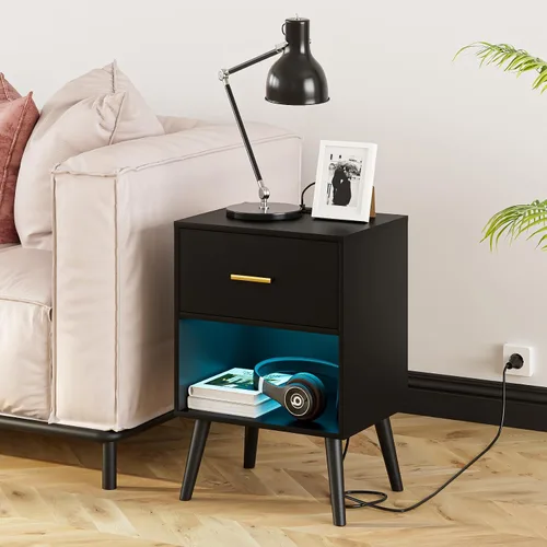 Aienvey Mesita de noche con estación de carga y luces LED, mesa auxiliar pequeña, mesita de noche con cajón, mesita de noche moderna, mesa auxiliar