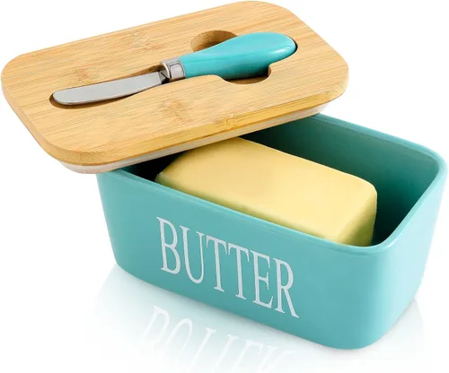 Hasense Mantequillera de porcelana con tapa para encimera, mantequillera grande de cerámica con cuchillo, recipiente hermético para mantequilla con