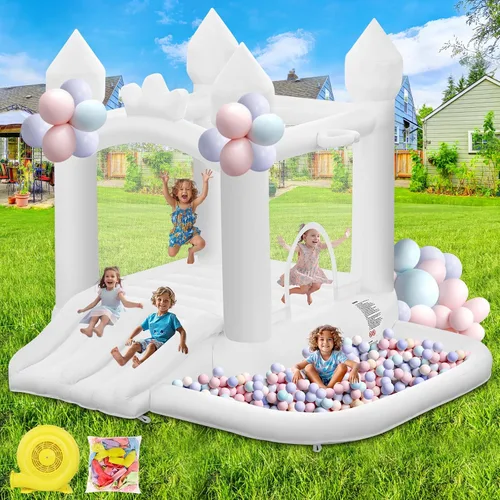 FINCOME Casa inflable de rebote blanca, castillo inflable con doble tobogán de bolas de 370 W para niños pequeños, castillo inflable para interiores