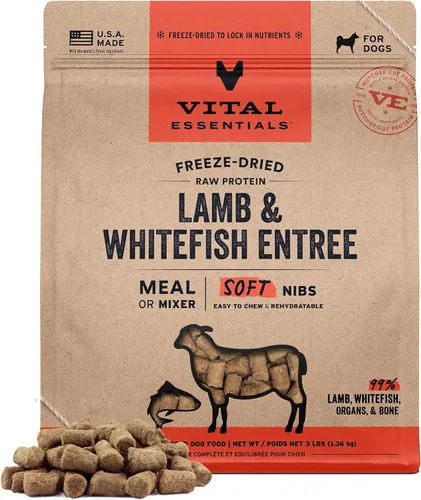 Vital Essentials - Comida para perros liofilizada y cruda de cordero y pescado blanco en trocitos suaves | 99% de cordero, pescado blanco, órganos y