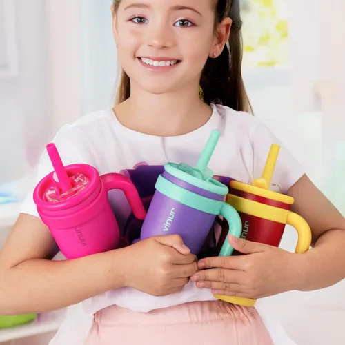 Miniatura 2 de VINUR Vaso para niños con asa - 14 oz de acero inoxidable con aislamiento al vacío de doble pared con tapa y pajita, vaso de agua de viaje
