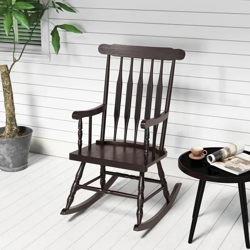 Miniatura 4 de Tangkula Mecedora para patio de madera de goma maciza, silla mecedora de porche al aire libre con marco de madera de goma, mecedora de madera