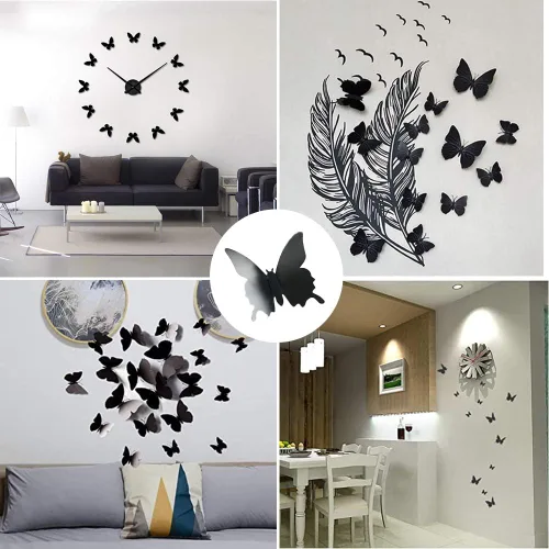 Miniatura 5 de Decoración de pared de mariposa 3D, 48 calcomanías murales extraíbles para decoración del hogar y la habitación (negro)