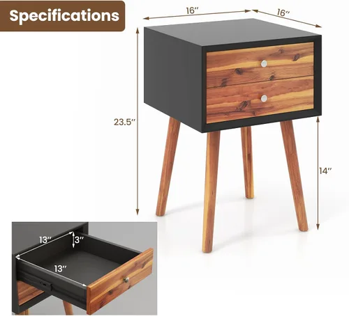 Miniatura 3 de GOFLAME Mesita de noche con 2 cajones, pequeña mesa auxiliar de madera, moderna de mediados de siglo con almacenamiento, mesa auxiliar compacta
