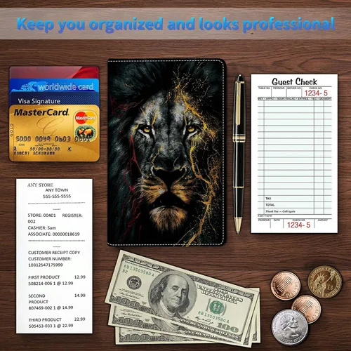 Miniatura 6 de Libros para camarera, cartera de cuero con bolsillo con cremallera, 7 bolsillos de almacenamiento para recetas y cheques, soporte para bolígrafos