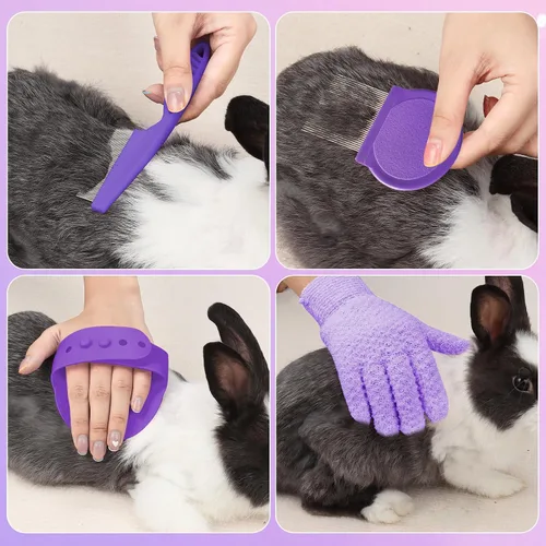 Miniatura 7 de VCZONE Kit de aseo para animales pequeños de 8 piezas, kit de aseo para conejos con cortaúñas y lima para mascotas, peine antipulgas, cepillo