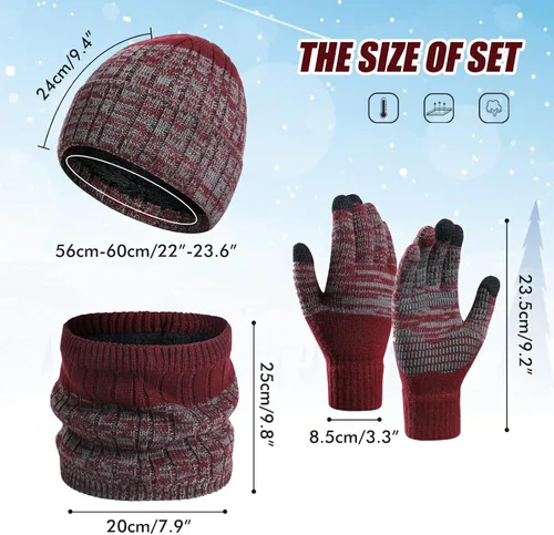 Miniatura 5 de RANOME Conjunto de guantes de bufanda de invierno para hombre 3 piezas gorros de punto guantes de cuello calentadores de cuello para mujer gorros