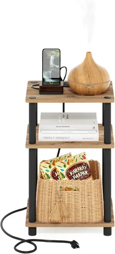 Miniatura 5 de Furinno Just Mesa auxiliar de 3 niveles con puerto de carga USB y tipo C con almacenamiento abierto, 11.42 pulgadas de ancho x 8.82 pulgadas de alto
