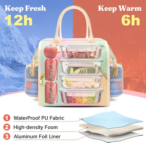Miniatura 6 de Bolsa de almuerzo aislada para mujer, bolsa de almuerzo de apertura amplia, soporte grande para bebidas, organizador térmico de nailon duradero