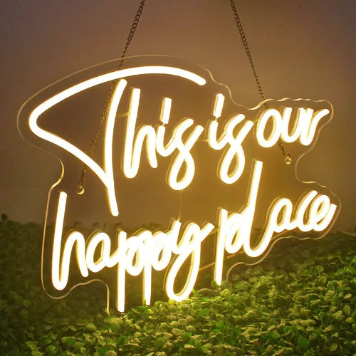 NOSUN Letrero de neón con texto en inglés «This is Our Happy Place» para decoración de pared, regulable, luz blanca cálida, para dormitorio, aula,
