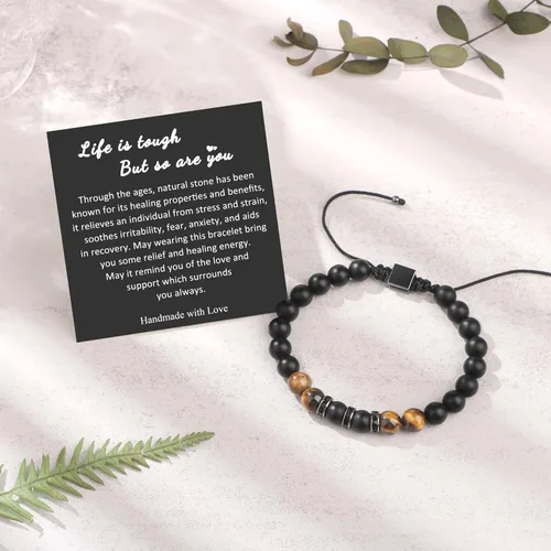 Miniatura 5 de JoycuFF Pulseras curativas de ojo de tigre para hombres, 0.315 pulgadas, piedra de ágata negra mate para padre, hermano, hijo, novio