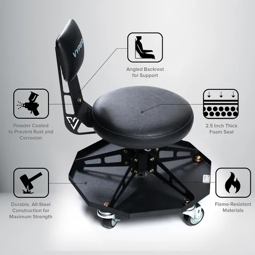 Miniatura 8 de Vyper - Silla de Taller de Acero Resistente para Mecánicos, Automotriz, Bricolaje - Taburete de Garaje con Capacidad de 300 lb, Respaldo y Ruedas
