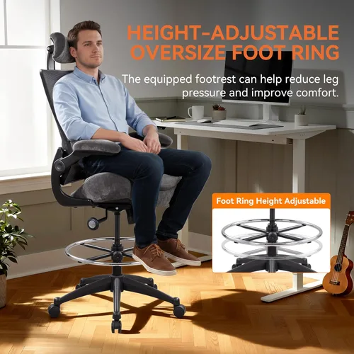 Miniatura 7 de Silla de dibujo ergonómica alta para escritorio de pie, taburete de malla de 400 libras con reposapiés ajustable, cojín de asiento doble y brazos
