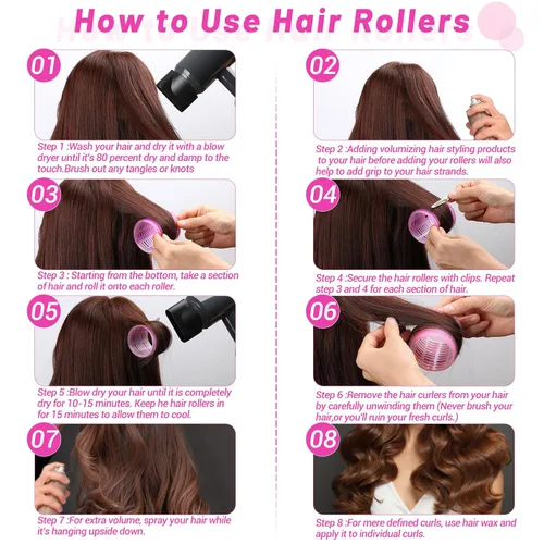 Miniatura 3 de Rizadores de pelo jumbo, 12 rulos de pelo jumbo de 2.32 pulgadas, rodillos de sujeción con 12 pinzas para cabello largo y liso (rojo rosa)