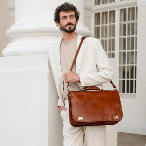 Miniatura 2 de Time Resistance Maletín de cuero para hombres - Maletín para laptop de cuero italiano de grano completo - Bolso de mensajero - Caja de regalo Marrón