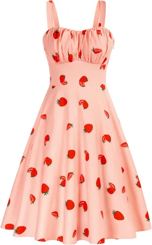 Belle Poque - Vestido vintage sin mangas, para mujer, diseño floral, fruncido, lindo, acampanado, con vuelo, largo por debajo de la rodilla