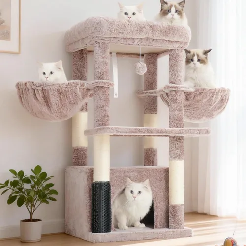 Miniatura 11 de Hey-brother Torre para Gatos con Plataforma Extra Grande, Condominio Espacioso, 2 Hamacas Cómodas, Cepillo de Auto-Acicalamiento, Postes Rascadores
