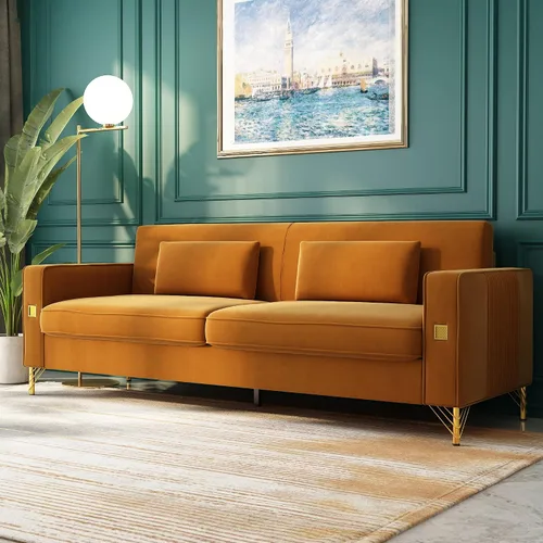Miniatura 9 de Sofá Chesterfield de terciopelo de 85 pulgadas, moderno de mediados de siglo, cómodo sofá con almohadas para sala de estar, dormitorio, muebles