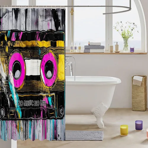 Miniatura 3 de Feelyou Cortina de ducha musical para decoración de baño, cinta de casete, cortina de baño de música, accesorios de baño, tela de poliéster