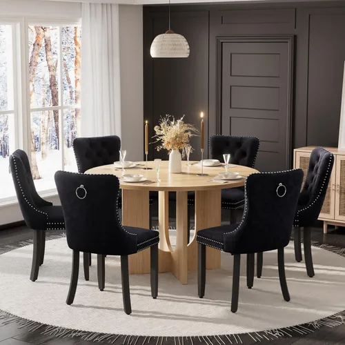 Miniatura 19 de Mesa de comedor redonda de 47 pulgadas para juego de mesa de cocina rústica de 6,7 piezas, mesa de comedor de granja, sillas negras de alta gama