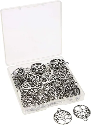 Shapenty Dijes redondos de metal para el árbol de la vida, cuentas a granel, accesorios para hacer manualidades, pulseras, collares, aretes, Plata