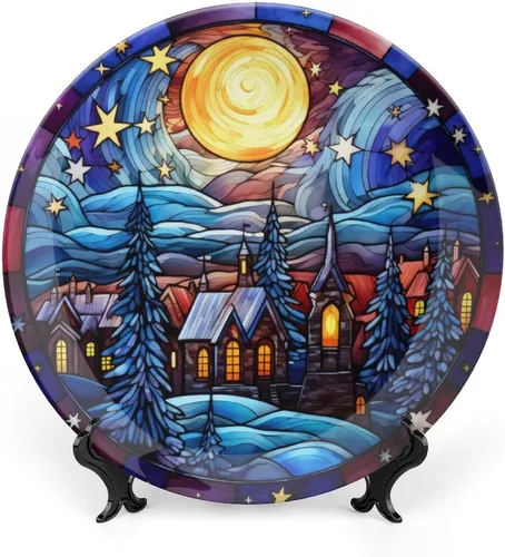 Winter Village - Platos decorativos de noche de luna para decoración del hogar, platos de cerámica con diseño de vitrales para sala de estar, Noche