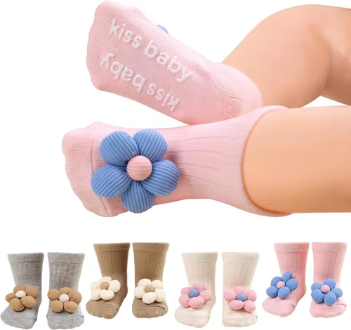 Miniatura 7 de Paquete de 4 calcetines antideslizantes de flores con empuñaduras para bebés recién nacidos, niñas y niños pequeños