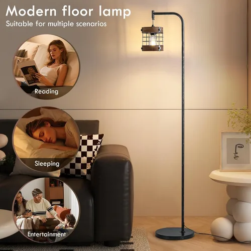 Miniatura 5 de Lámpara de pie industrial de 67 pulgadas con pantalla de madera y metal negro, lámpara de pie moderna, lámpara alta rústica estilo granja para sala