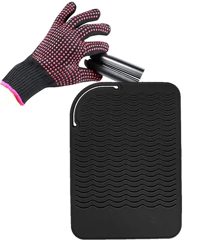 Juego de guantes y tapetes de silicona resistentes al calor para rizador, alisador de pelo, planchas planas, tapete de silicona de grado alimenticio