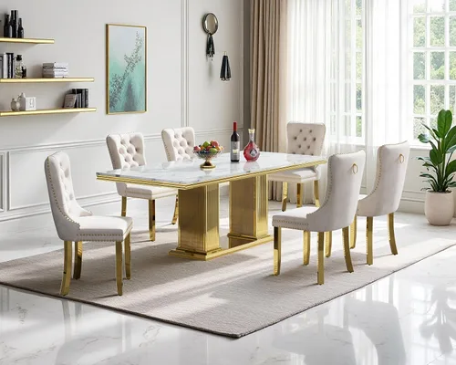 Miniatura 12 de Juego de mesa de comedor de mármol para 4, mesa de cocina rectangular de mármol negro de 68 pulgadas con base en H de acero inoxidable dorado, juego
