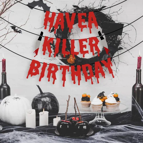 Miniatura 7 de Quimoy Decoraciones de cumpleaños Have a Killer, decoraciones de pancarta de Halloween, con 12 calcomanías de pared de murciélagos para decoración