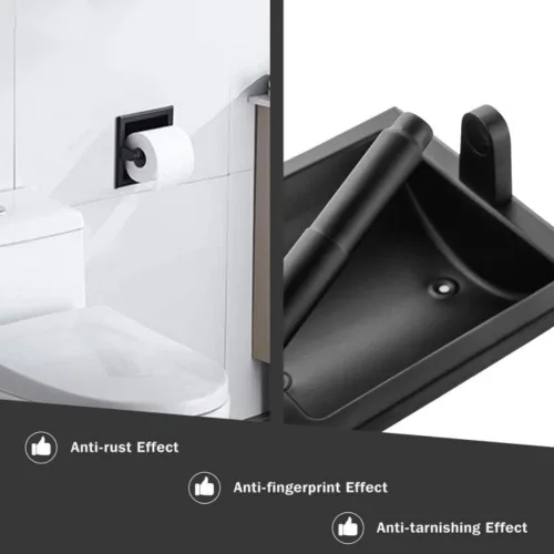 Miniatura 7 de Soporte de papel higiénico empotrado, soporte de pared de metal negro para rollo de papel higiénico para baño, diseño duradero y resistente que