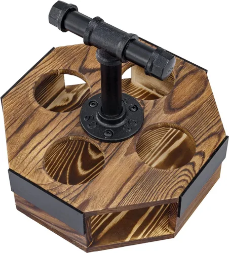 Miniatura 8 de MyGift Juego de servidor de vuelo de cerveza geométrica de madera maciza quemada con mango de tubo de metal industrial rústico, 4 vasos de cerveza