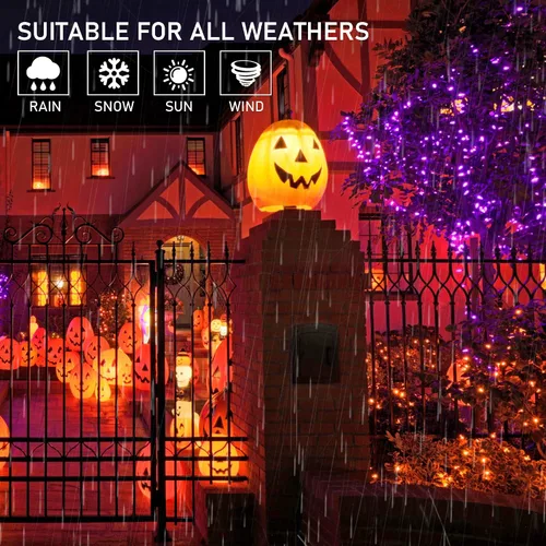 Miniatura 5 de weillsnow Luces de Halloween Moradas y Naranjas, 200 LED 66 Pies con Enchufe Luces de Cadena de Halloween Impermeables, 8 Modos con Memoria